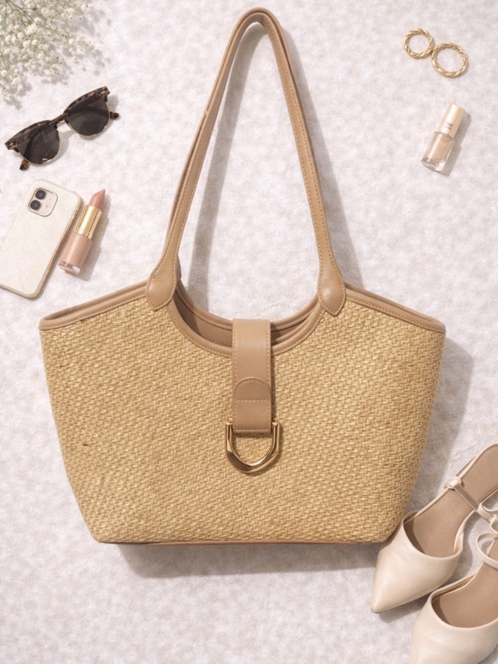 Miztique Beige Woven Tote with Tan Leather Trim